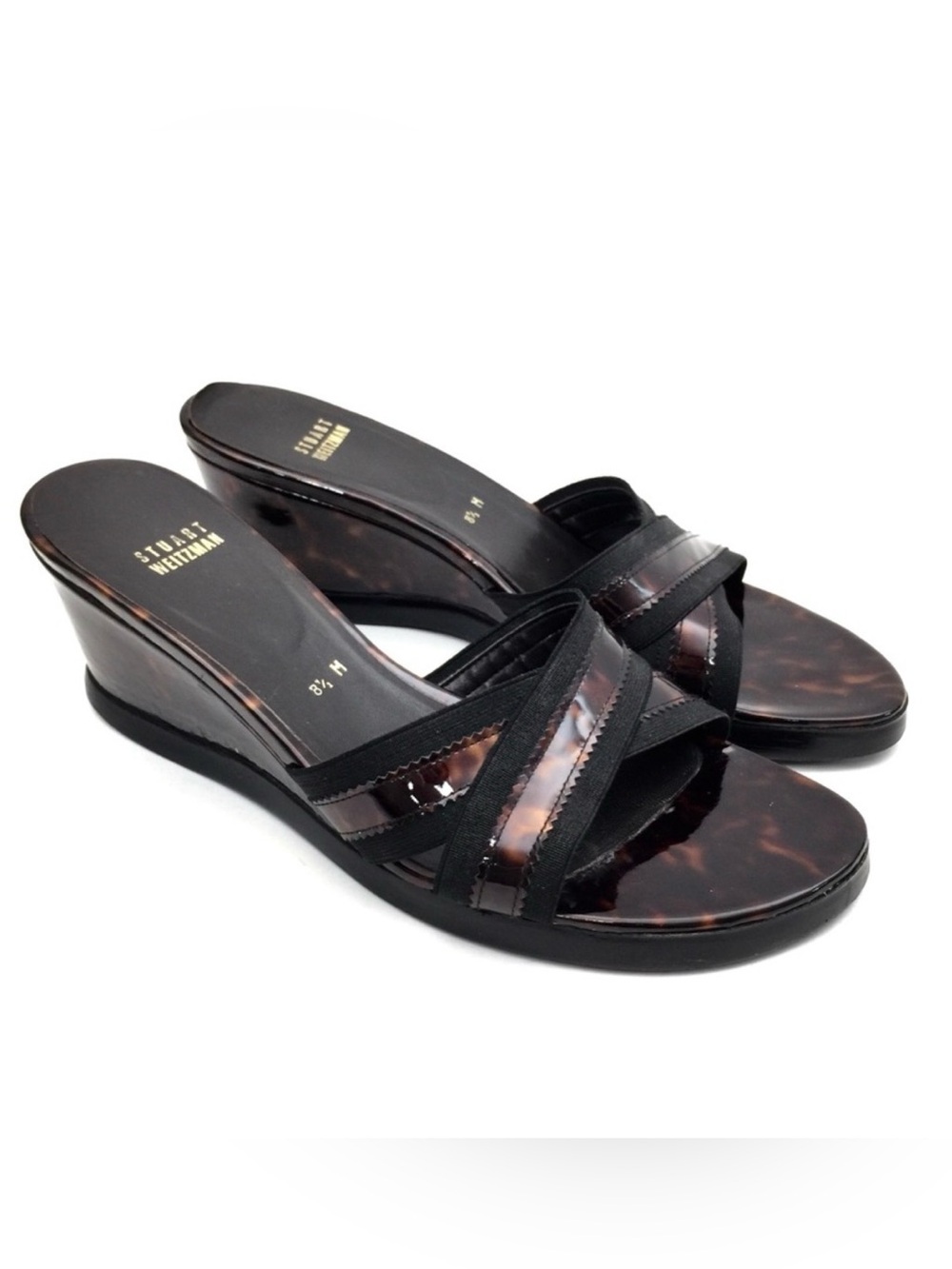 Stuart Weitzman Tortoiseshell Patent Wedge Slide Sandals 8.5